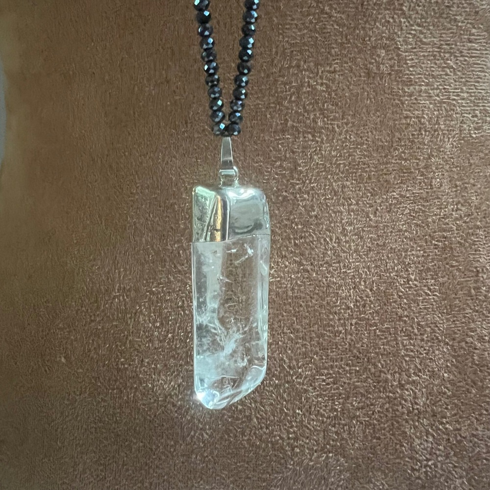 Raw Clear Quartz Point Pendant Necklace Faceted Dark Beaded Chain Crystal Stone